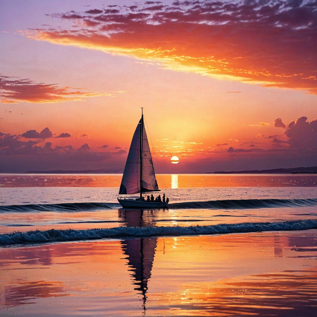 A serene ocean landscape at sunset, with a sailboat gliding peacefully across the water, waves gently lapping against its hull. Splashing water droplets, wind-filled sails, and silhouettes of adventurous individuals engaged in various watersports like surfing and kayaking in the distance. The sky ablaze with warm orange, pink, and purple hues, reflecting on the shimmering ocean surface. super-realistic. vibrant colors.