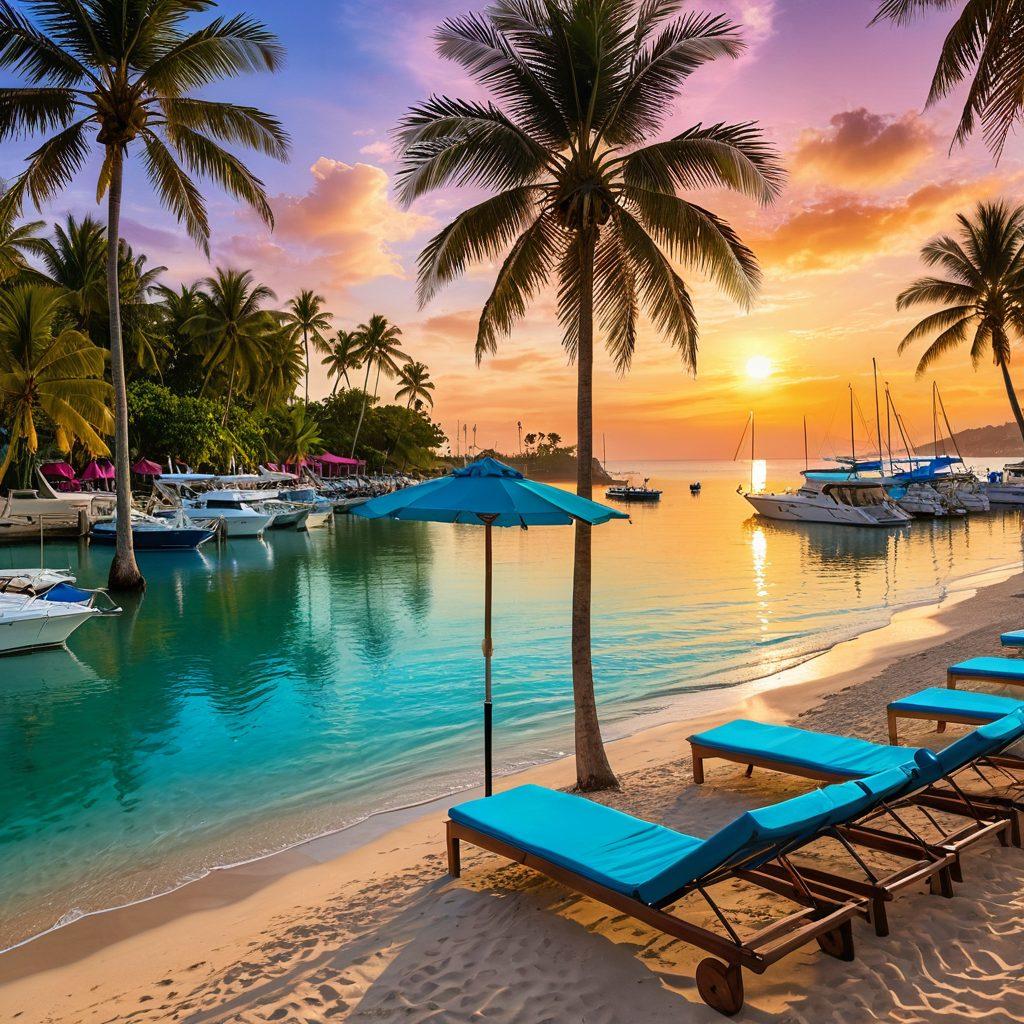 A serene coastal scene showcasing golden sandy beaches with people lounging under colorful umbrellas, transitioning seamlessly into a vibrant marina filled with luxury boats and yachts. Incorporate palm trees swaying gently in the breeze, marine life splashing in the turquoise waters, and a sun setting in the background casting warm hues over the landscape. Capture the joyful essence of a maritime lifestyle. super-realistic. vibrant colors.